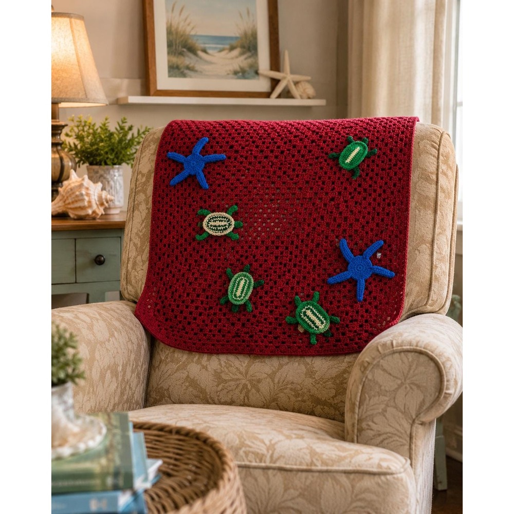 Vintage Handmade Crochet Sea Turtle Chair Back Cover Coastal Grandma Cottage